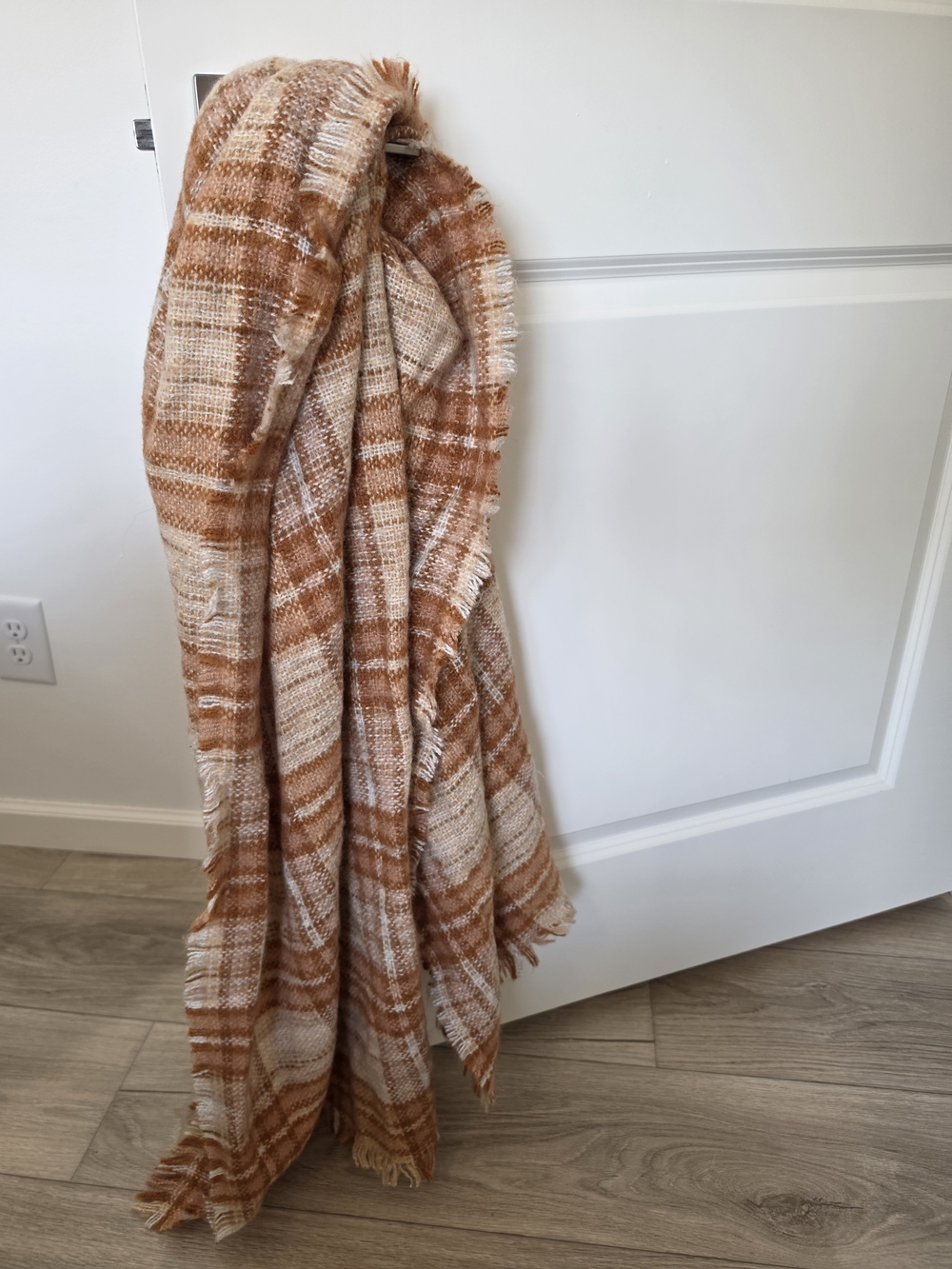 Cozy Tan & Cream Plaid Fringe Scarf